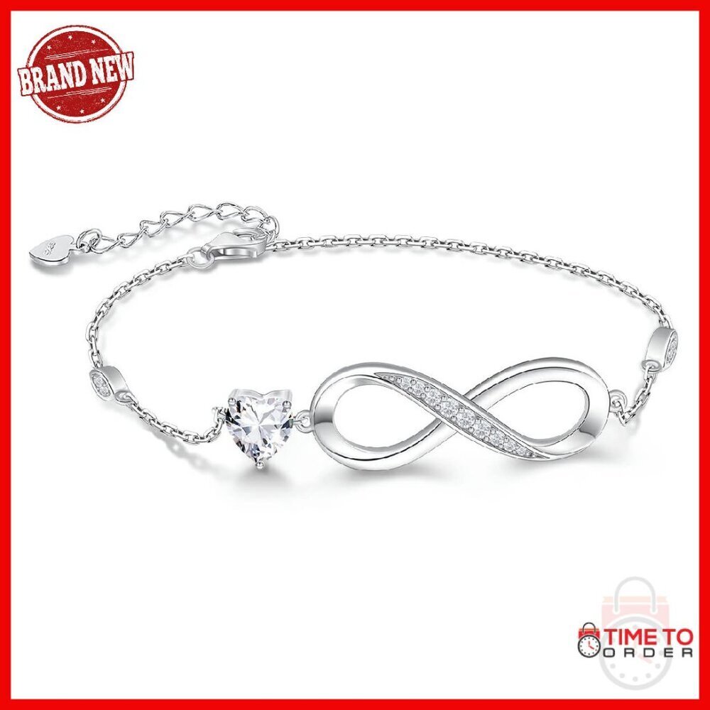 Sterling Silver Infinity Heart Charm Bracelet with CZ Gemstone Adjustable